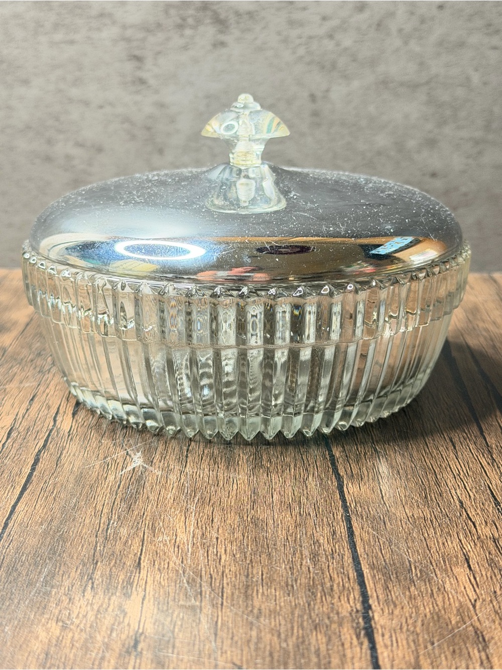 Vintage Mid Century Modern Ribbed Glass Candy Dish with Chrome Lid & Lucite Knob